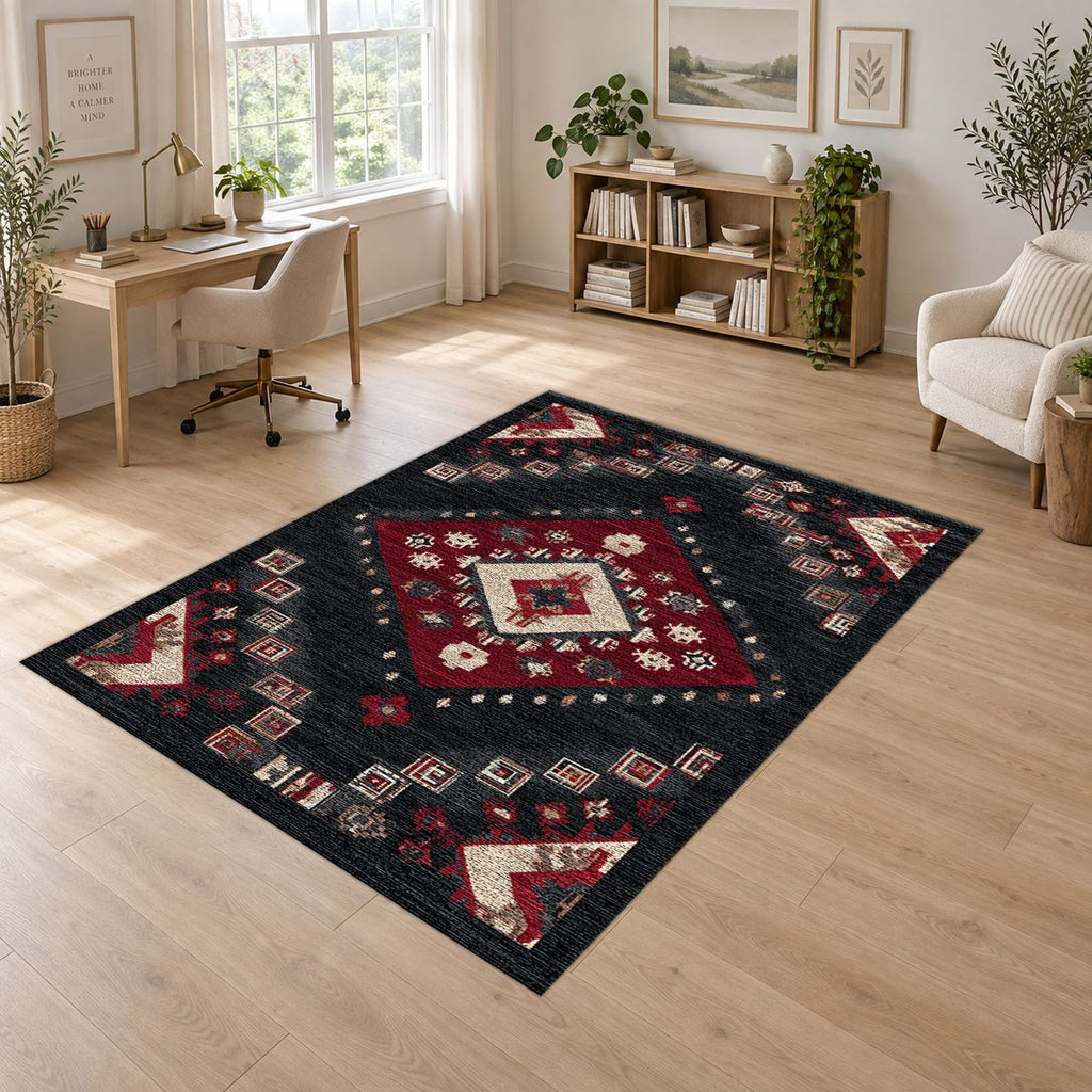 Black and Red Geometric Diamond Kilim printed area rug