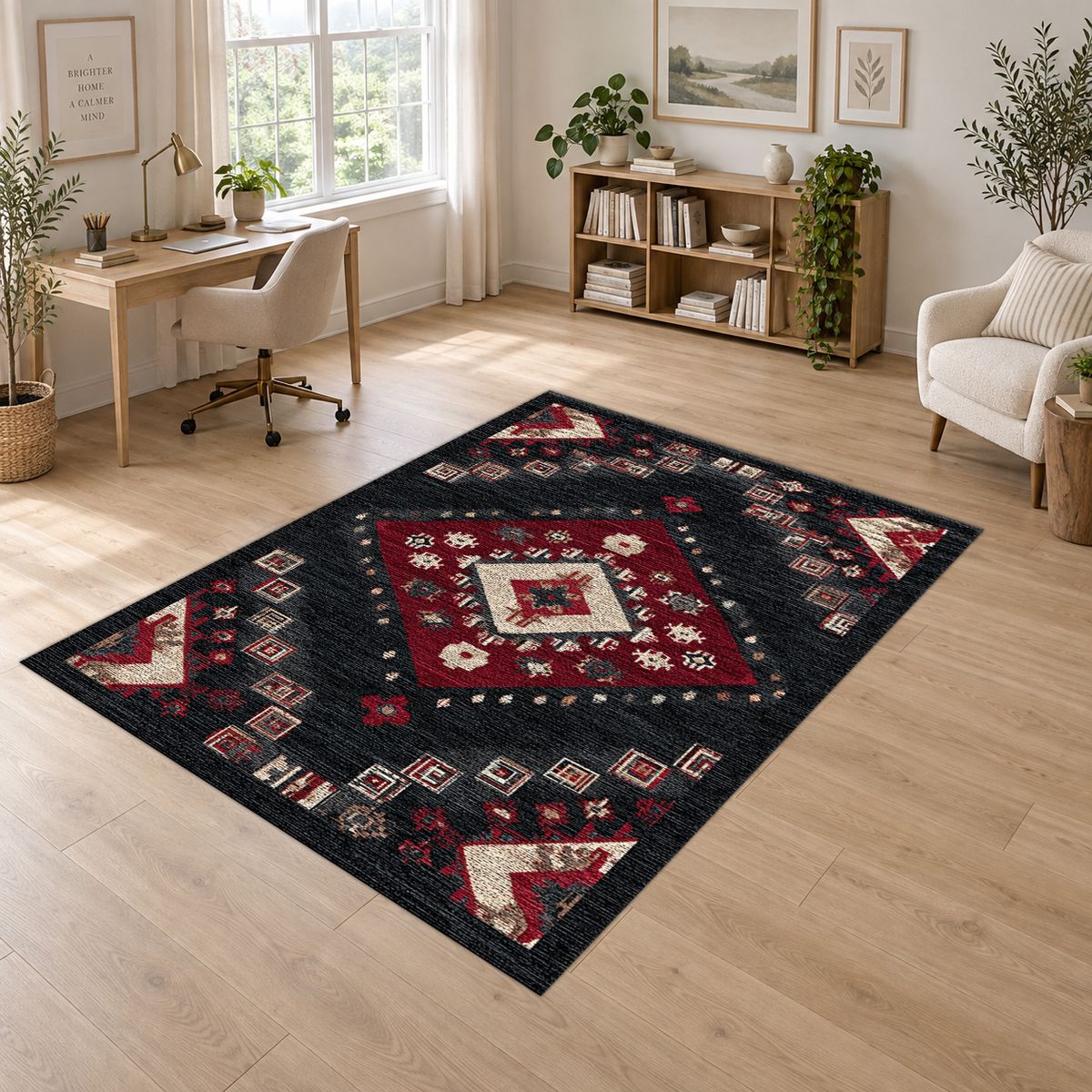 Black and Red Geometric Diamond Kilim printed area rug