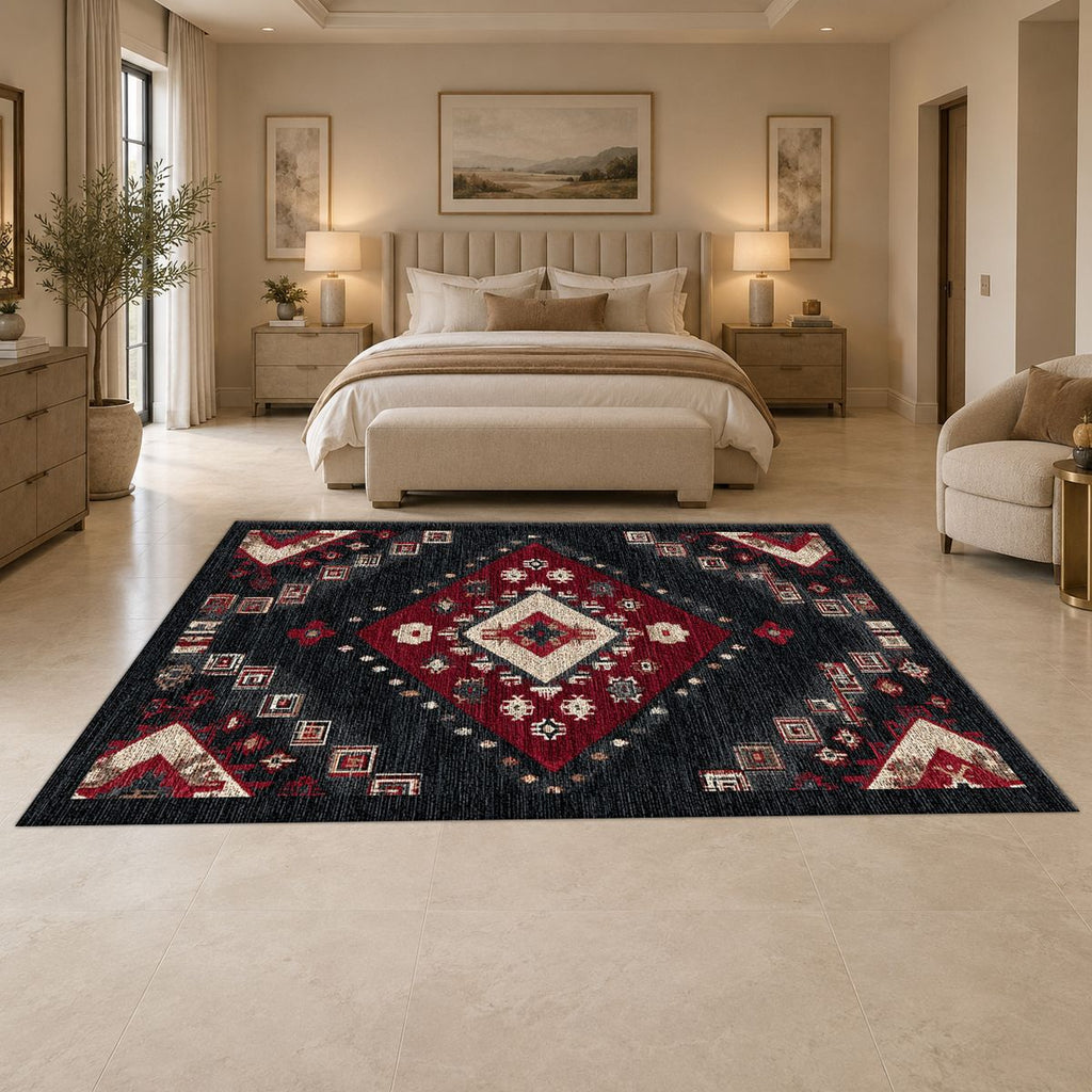 Black and Red Geometric Diamond Kilim printed area rug