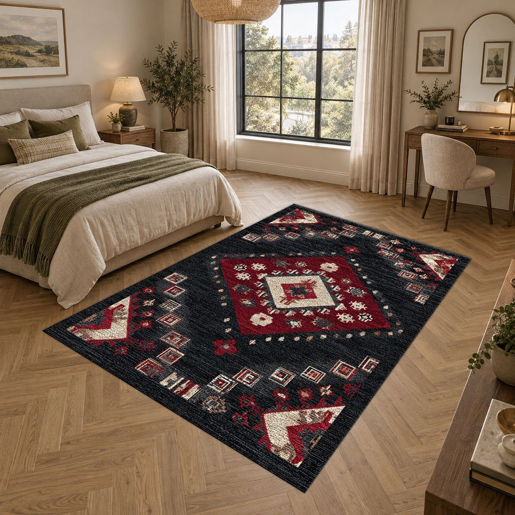 Black and Red Geometric Diamond Kilim printed area rug