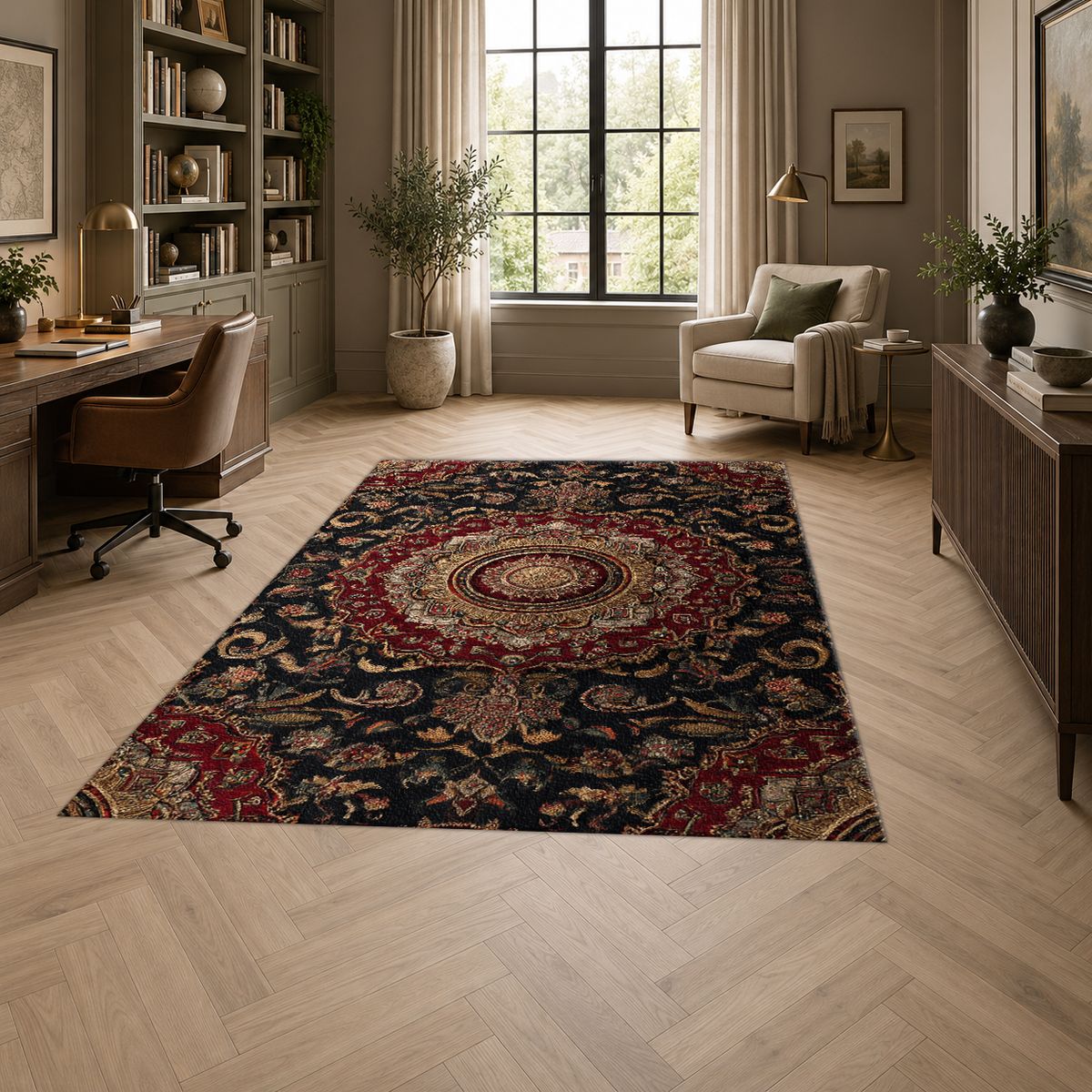 Dark Burgundy Ornate Persian Medallion printed area rug