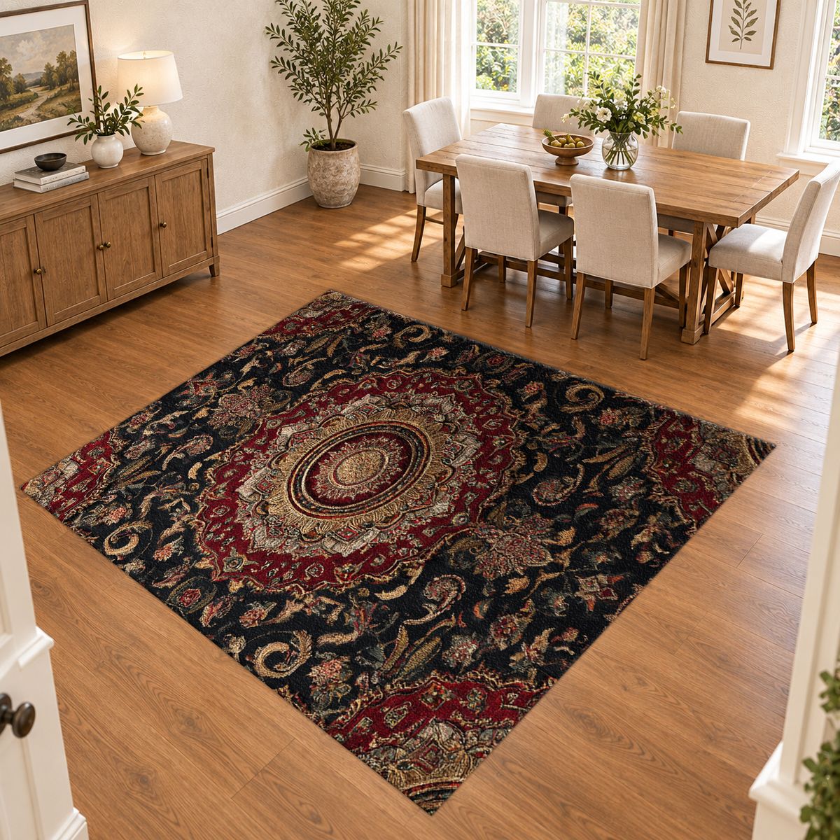 Dark Burgundy Ornate Persian Medallion printed area rug