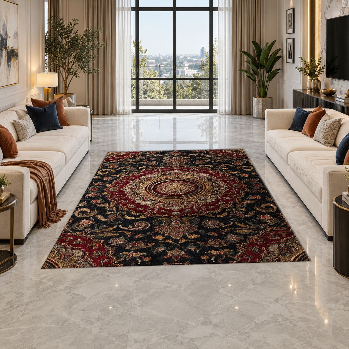 Dark Burgundy Ornate Persian Medallion printed area rug