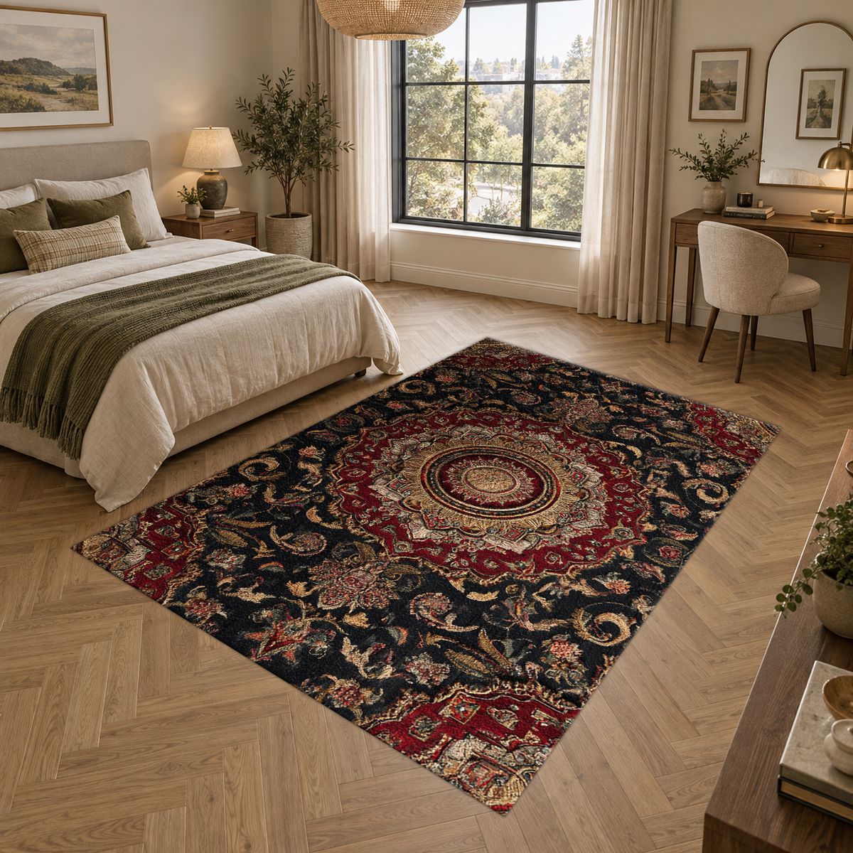 Dark Burgundy Ornate Persian Medallion printed area rug