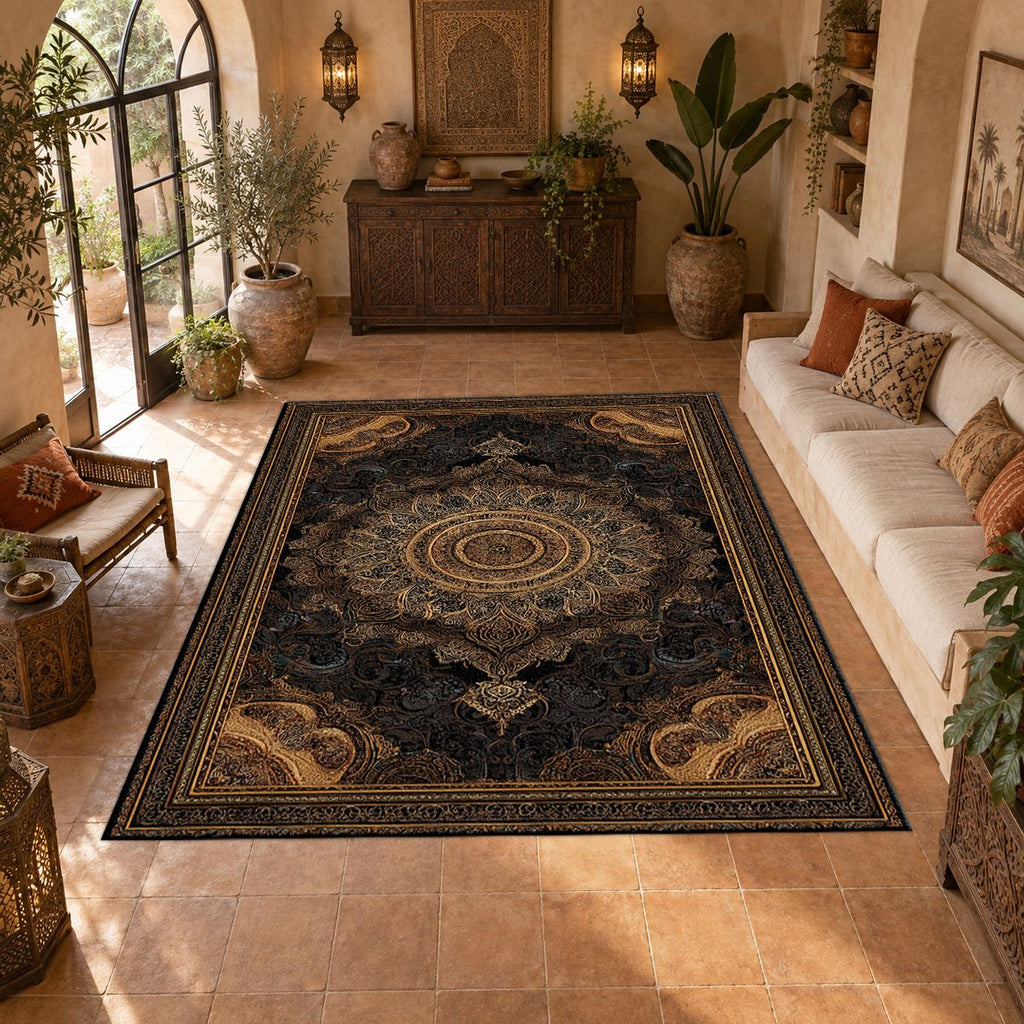 Black and Gold Baroque Medallion printed area rug
