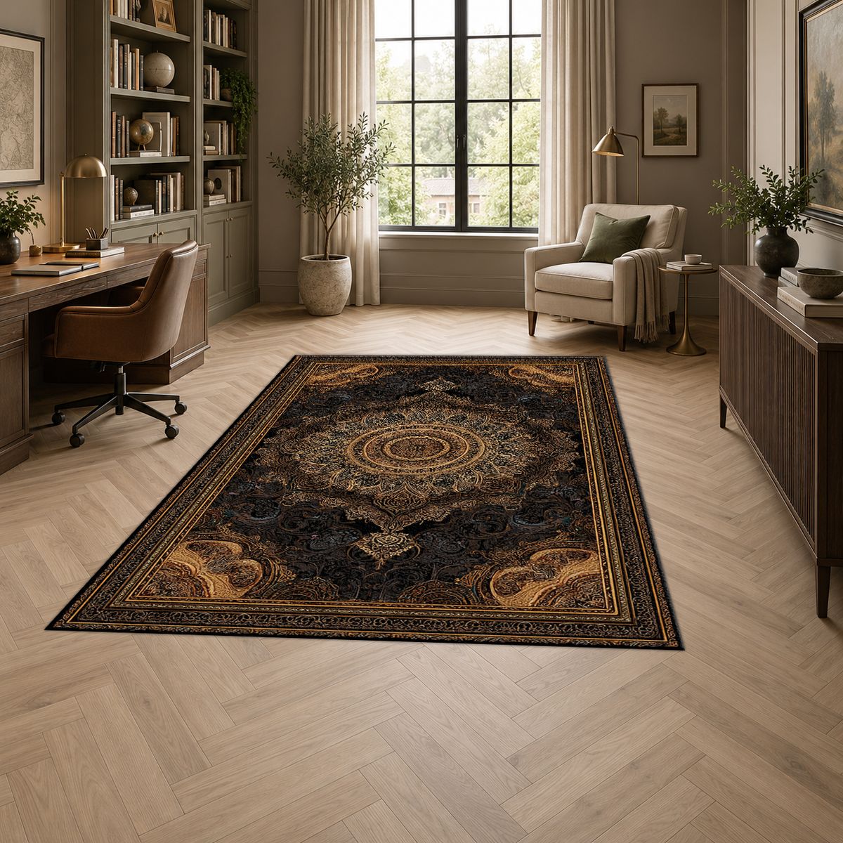 Black and Gold Baroque Medallion printed area rug