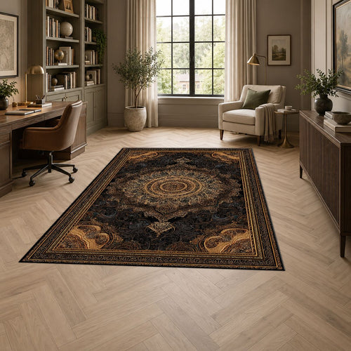 Black and Gold Baroque Medallion printed area rug