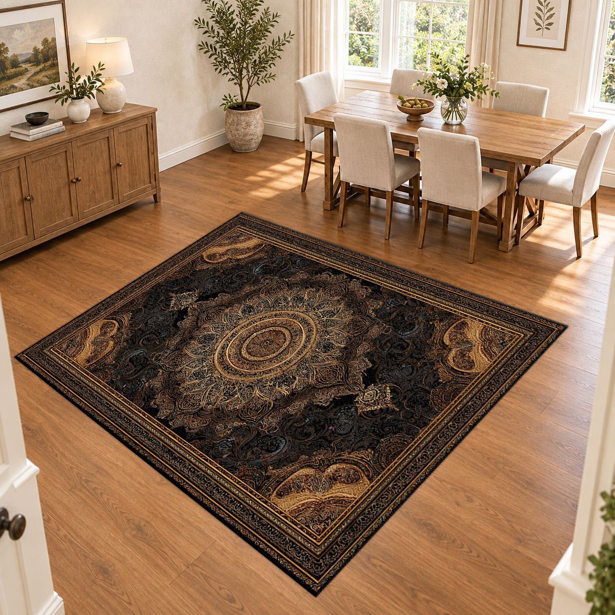 Black and Gold Baroque Medallion printed area rug