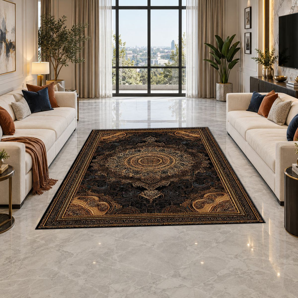 Black and Gold Baroque Medallion printed area rug