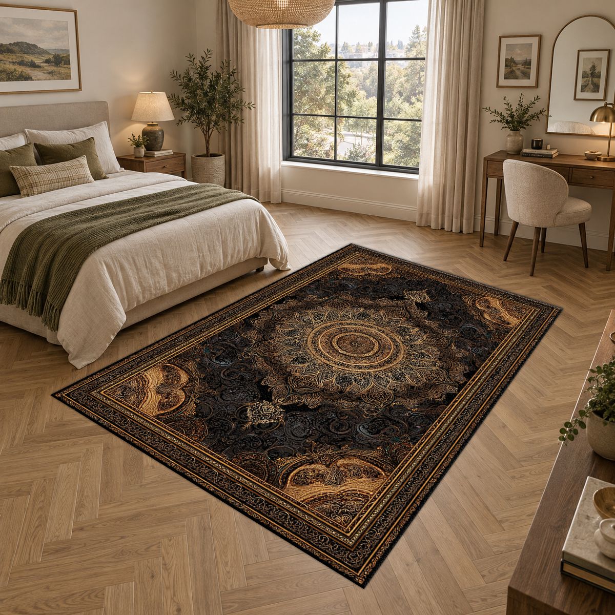 Black and Gold Baroque Medallion printed area rug