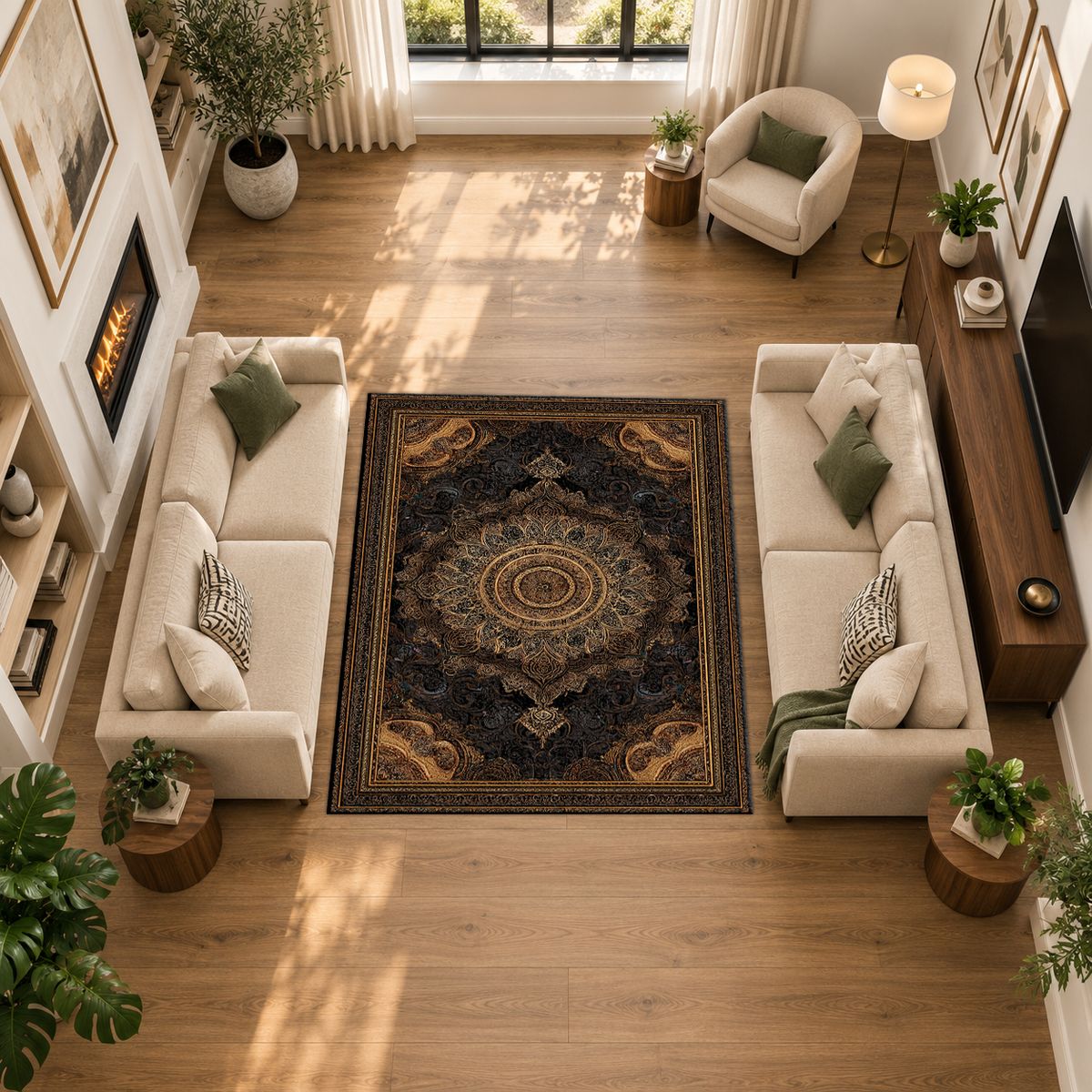 Black and Gold Baroque Medallion printed area rug