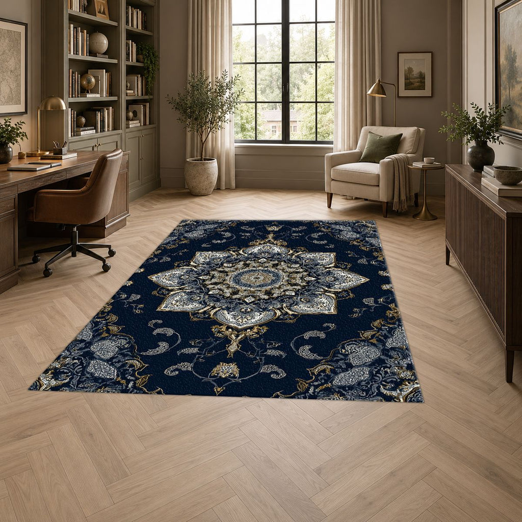 Navy and Silver Star Medallion printed area rug