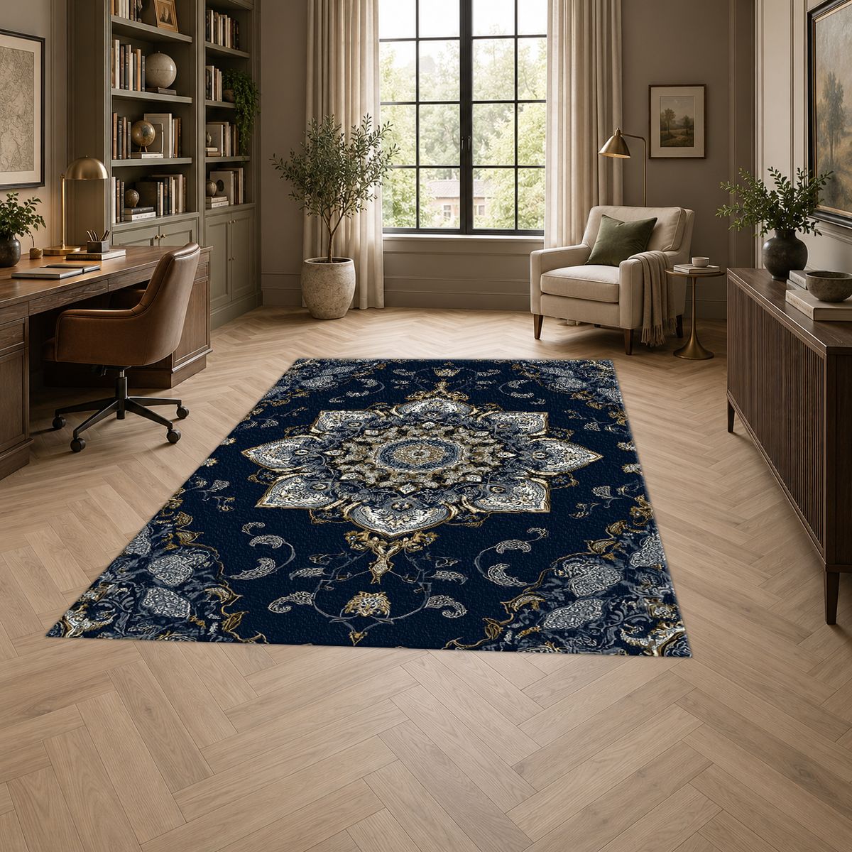 Navy and Silver Star Medallion printed area rug