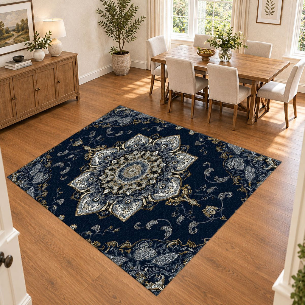 Navy and Silver Star Medallion printed area rug
