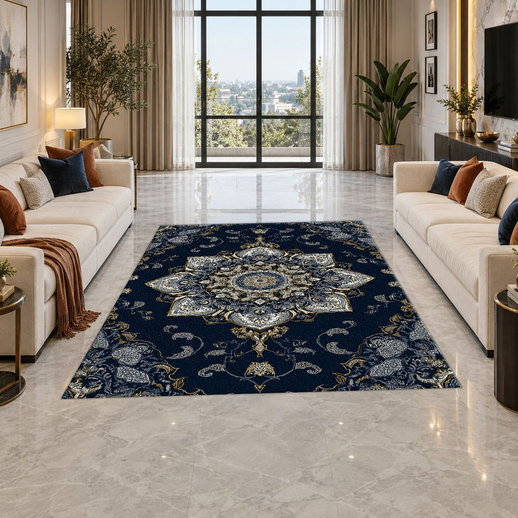 Navy and Silver Star Medallion printed area rug