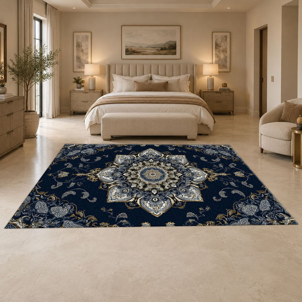 Navy and Silver Star Medallion printed area rug