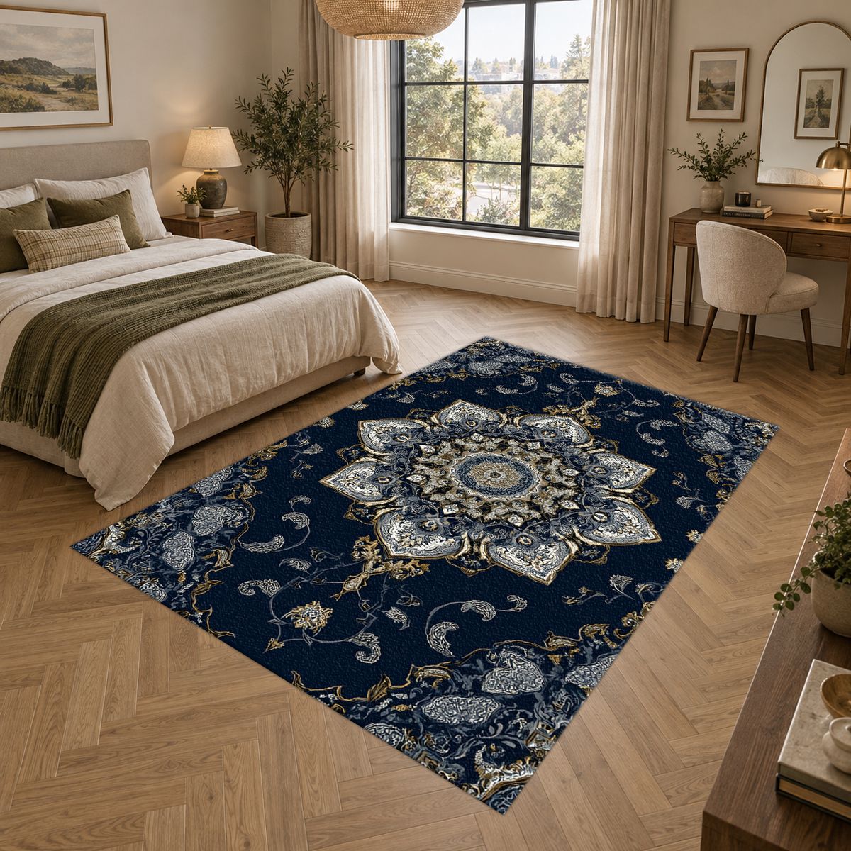 Navy and Silver Star Medallion printed area rug