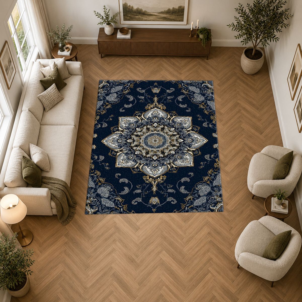 Navy and Silver Star Medallion printed area rug