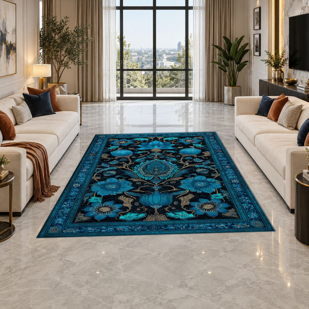 Turquoise Floral Arabesque printed area rug