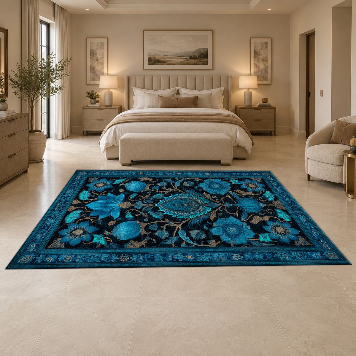 Turquoise Floral Arabesque printed area rug