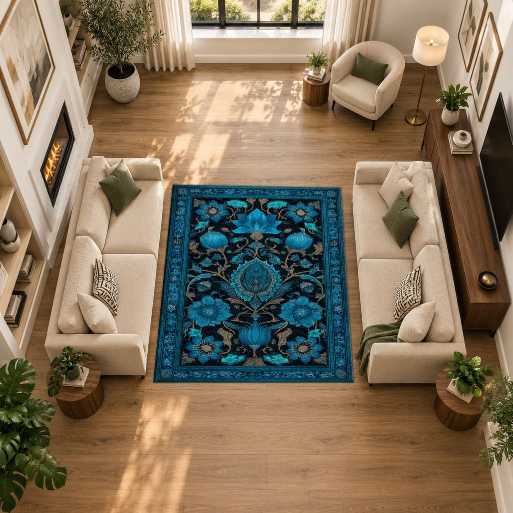 Turquoise Floral Arabesque printed area rug