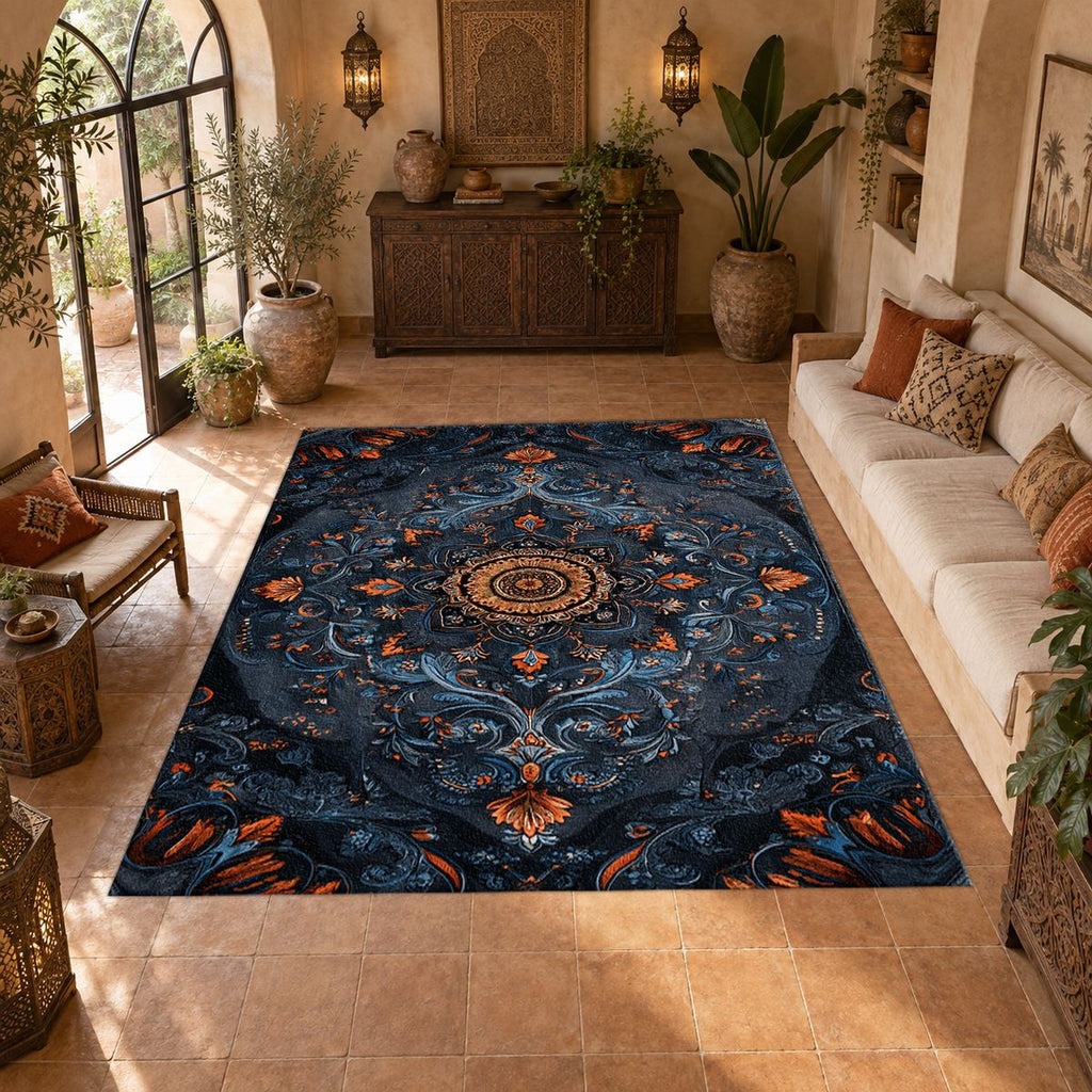 Midnight Blue Damask Medallion printed area rug