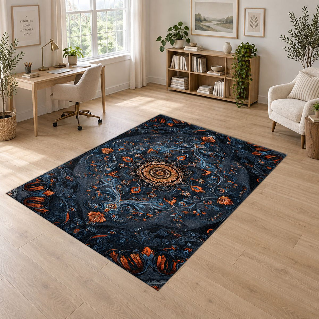 Midnight Blue Damask Medallion printed area rug