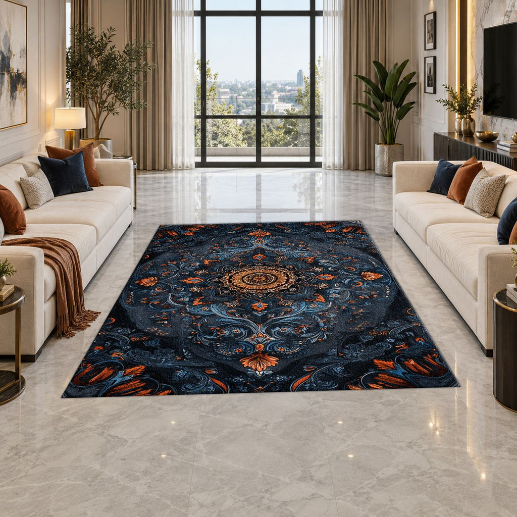 Midnight Blue Damask Medallion printed area rug