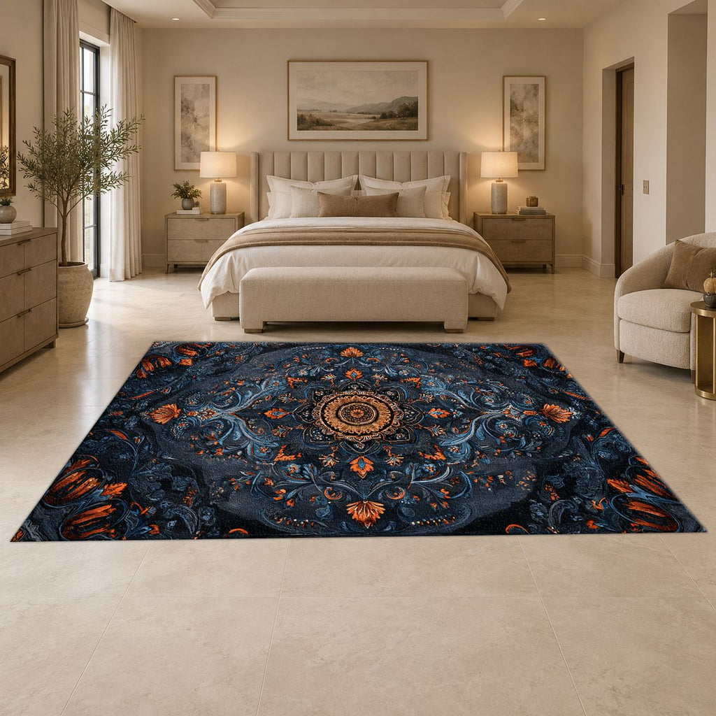 Midnight Blue Damask Medallion printed area rug