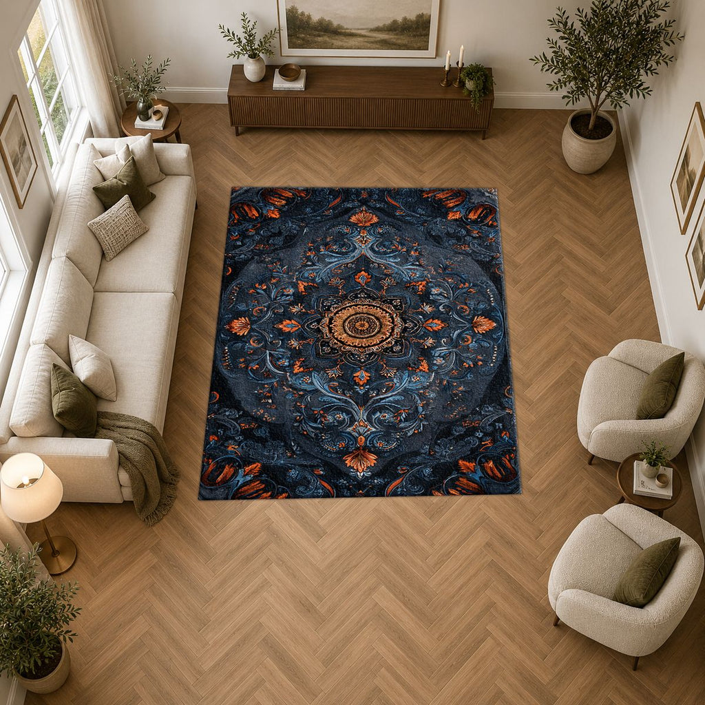 Midnight Blue Damask Medallion printed area rug