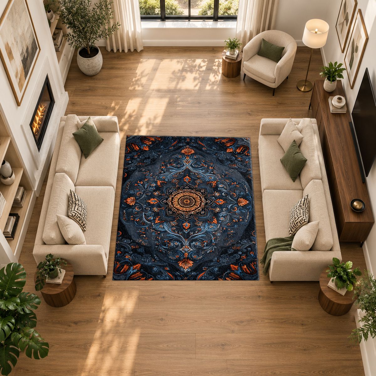 Midnight Blue Damask Medallion printed area rug