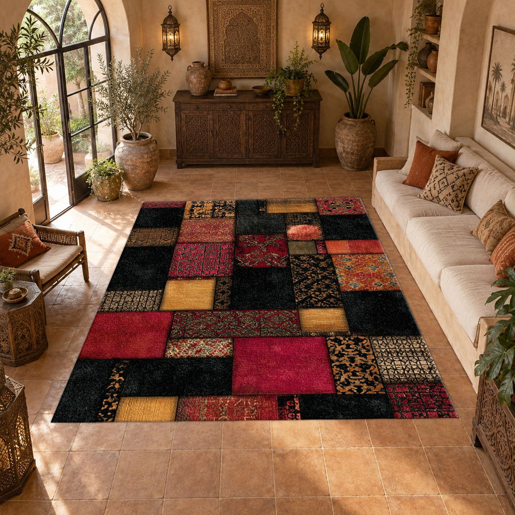 Black and Red Color Block Patchwork printed area rug