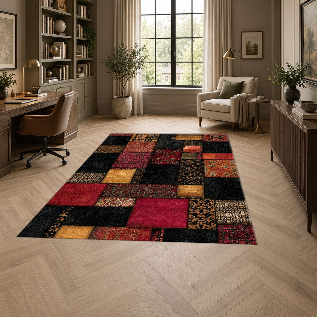 Black and Red Color Block Patchwork printed area rug