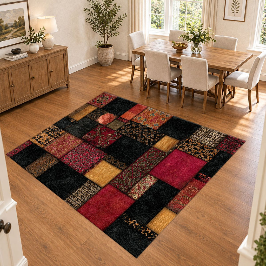 Black and Red Color Block Patchwork printed area rug