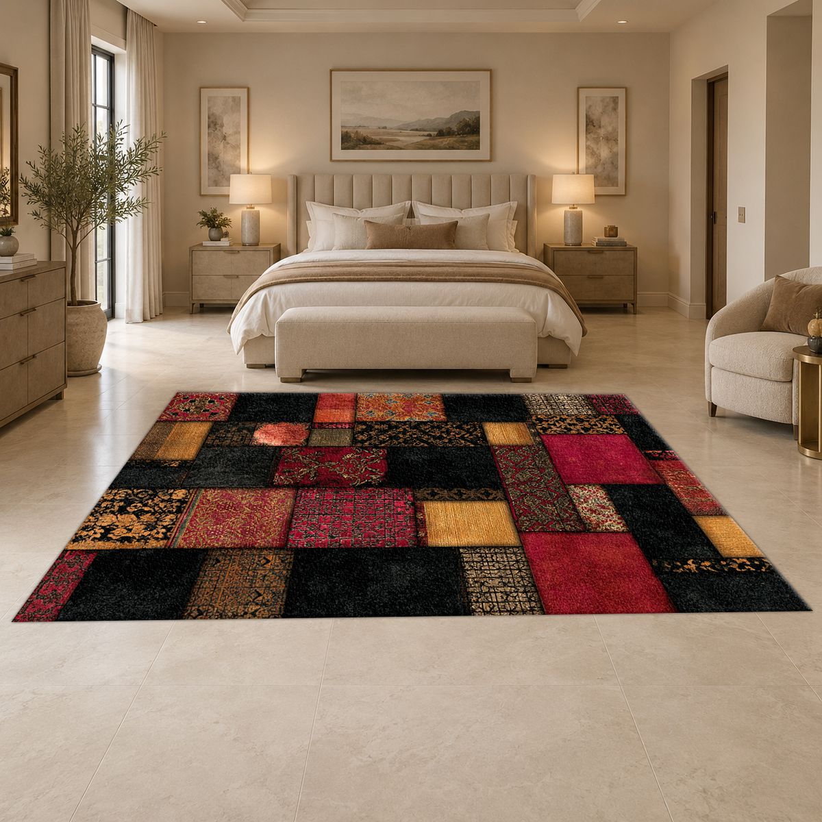 Black and Red Color Block Patchwork printed area rug