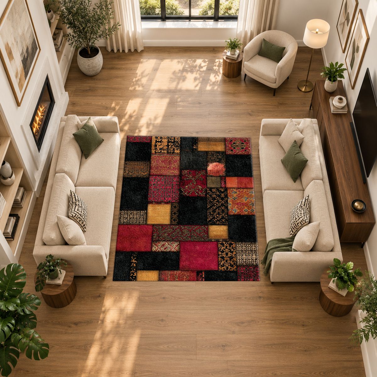 Black and Red Color Block Patchwork printed area rug