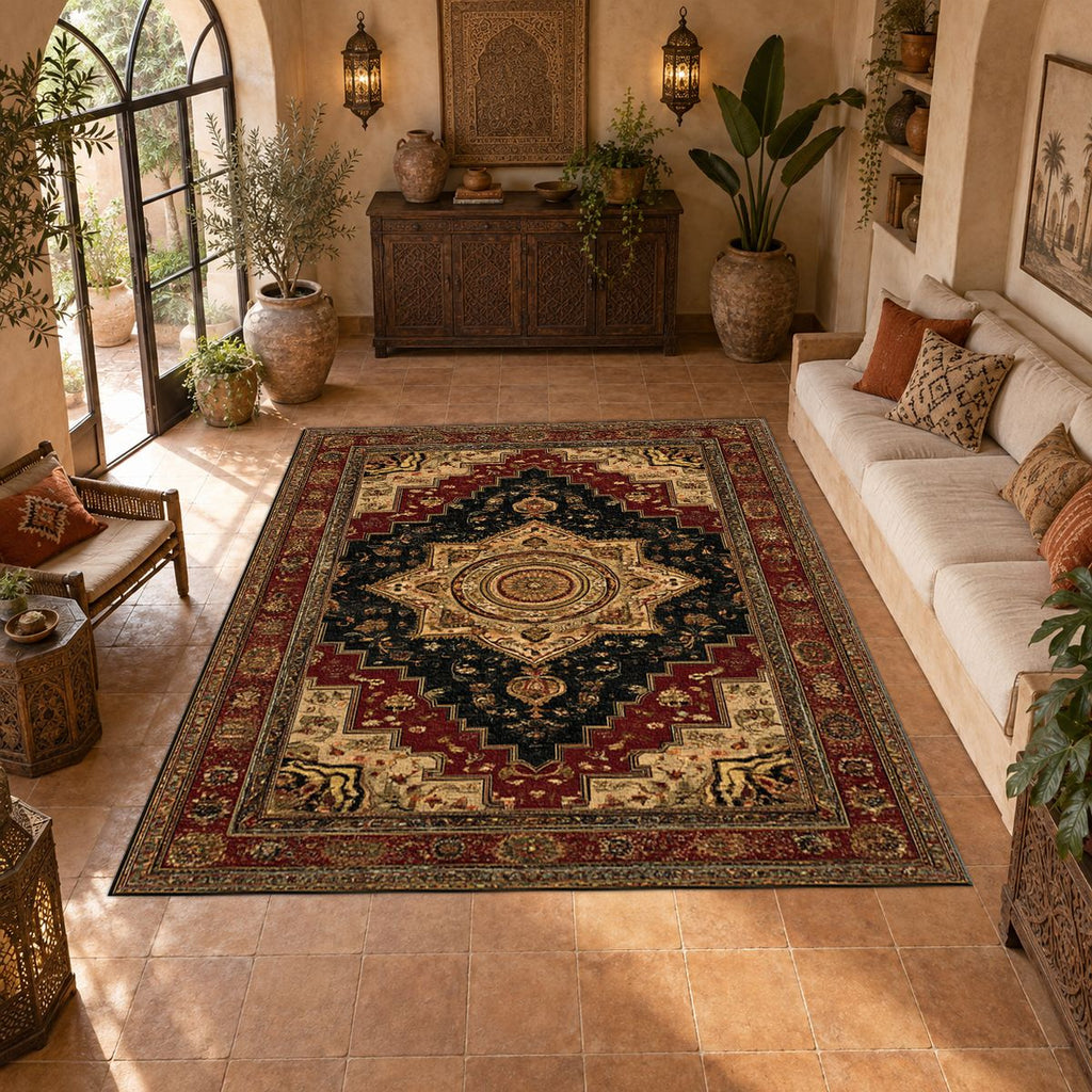 Black and Gold Classic Heriz Medallion printed area rug