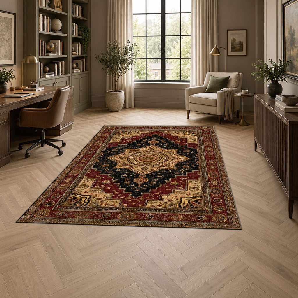 Black and Gold Classic Heriz Medallion printed area rug