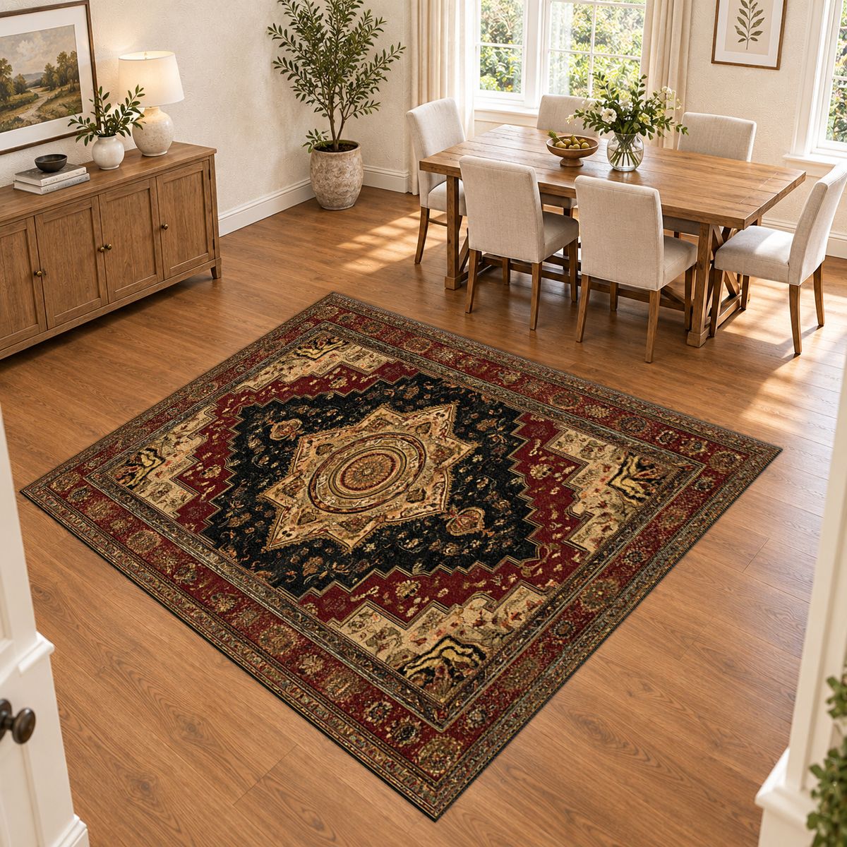 Black and Gold Classic Heriz Medallion printed area rug