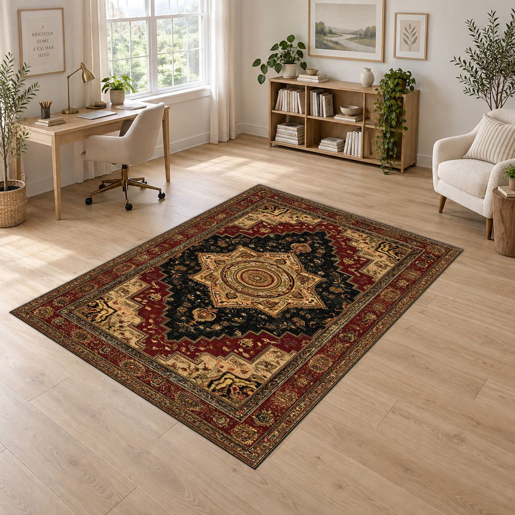 Black and Gold Classic Heriz Medallion printed area rug