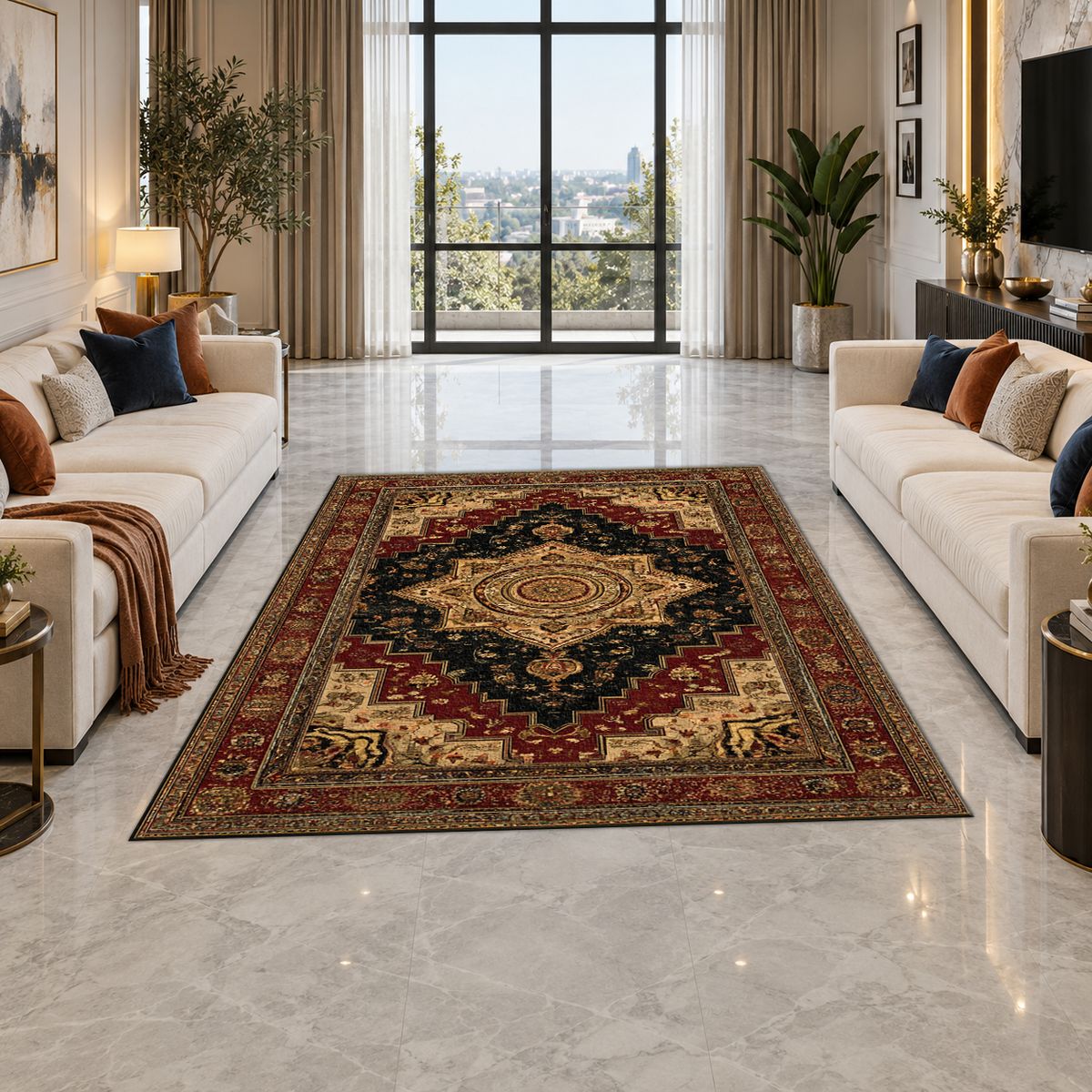 Black and Gold Classic Heriz Medallion printed area rug