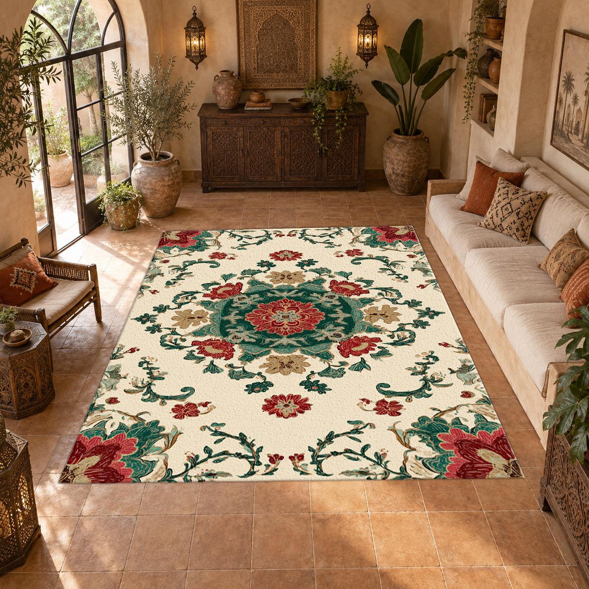 Cream Folk Floral Medallion printed area rug