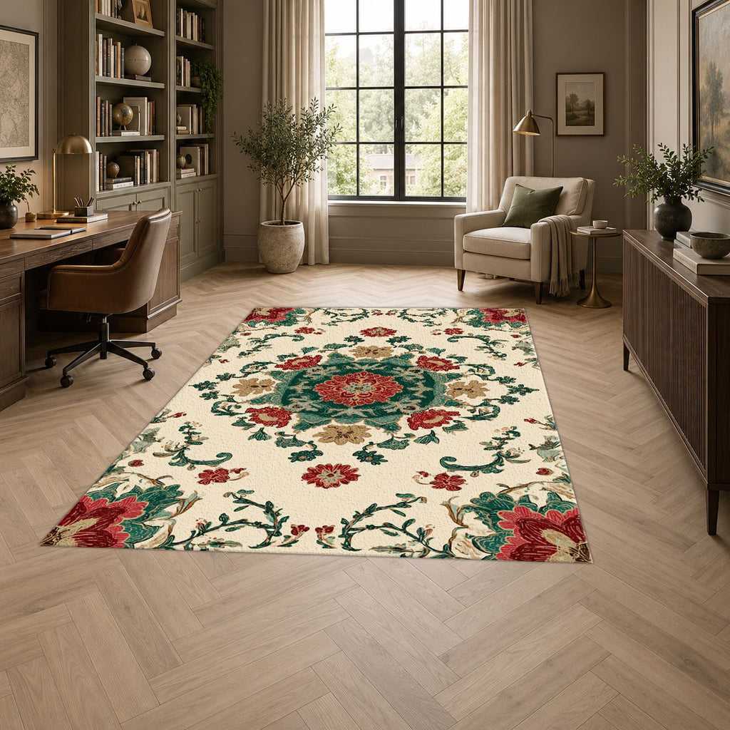 Cream Folk Floral Medallion printed area rug