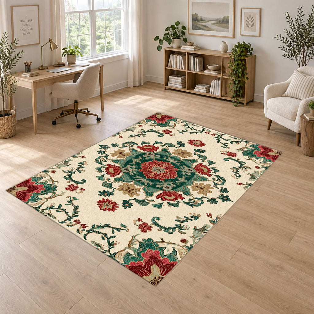 Cream Folk Floral Medallion printed area rug