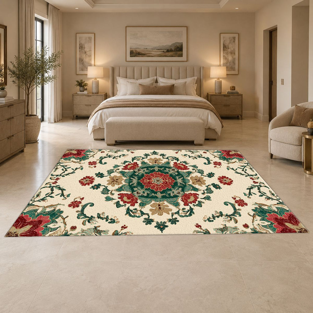 Cream Folk Floral Medallion printed area rug