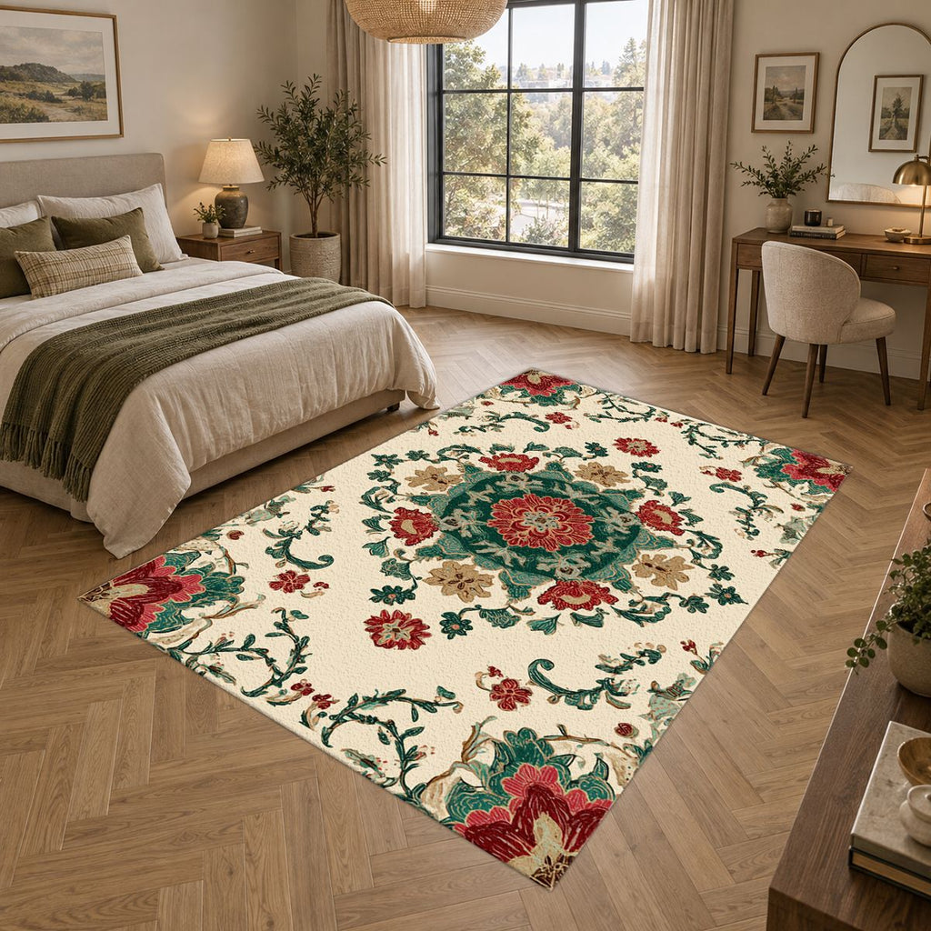 Cream Folk Floral Medallion printed area rug