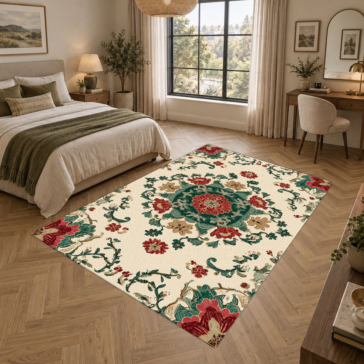 Cream Folk Floral Medallion printed area rug