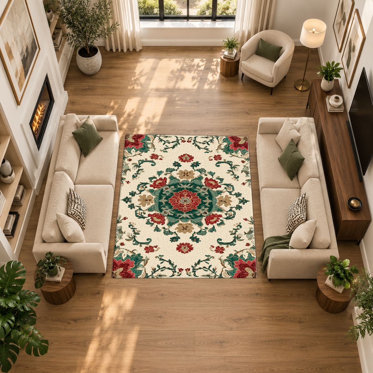 Cream Folk Floral Medallion printed area rug