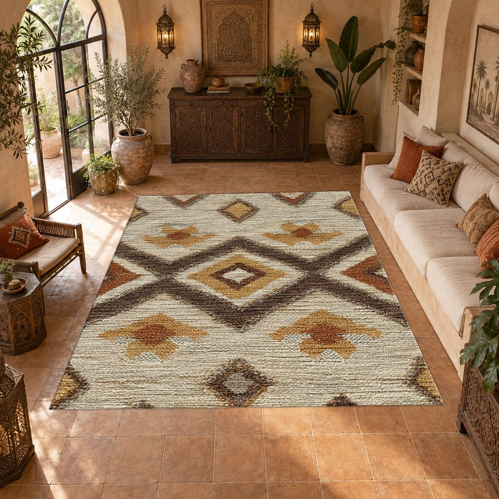 Beige and Brown Aztec Diamond printed area rug