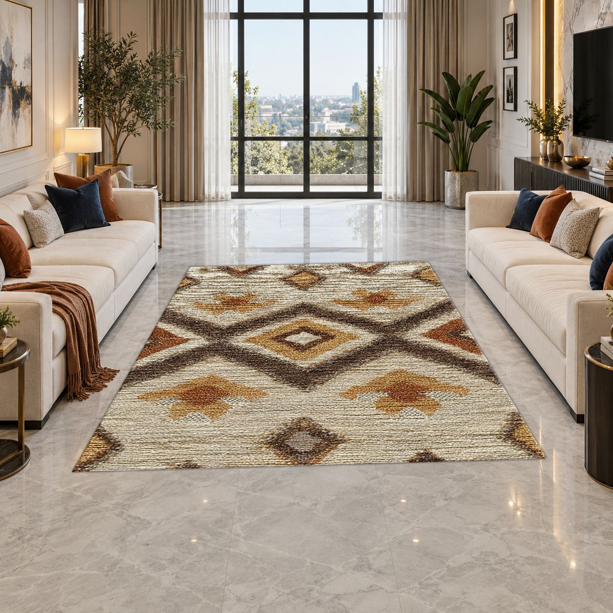 Beige and Brown Aztec Diamond printed area rug